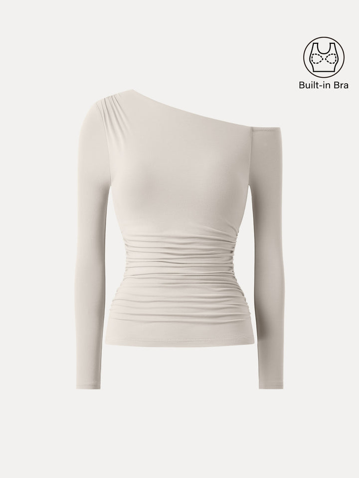 Asymmetrical Shoulders Long Sleeve Gathered Brami Top Fog XS