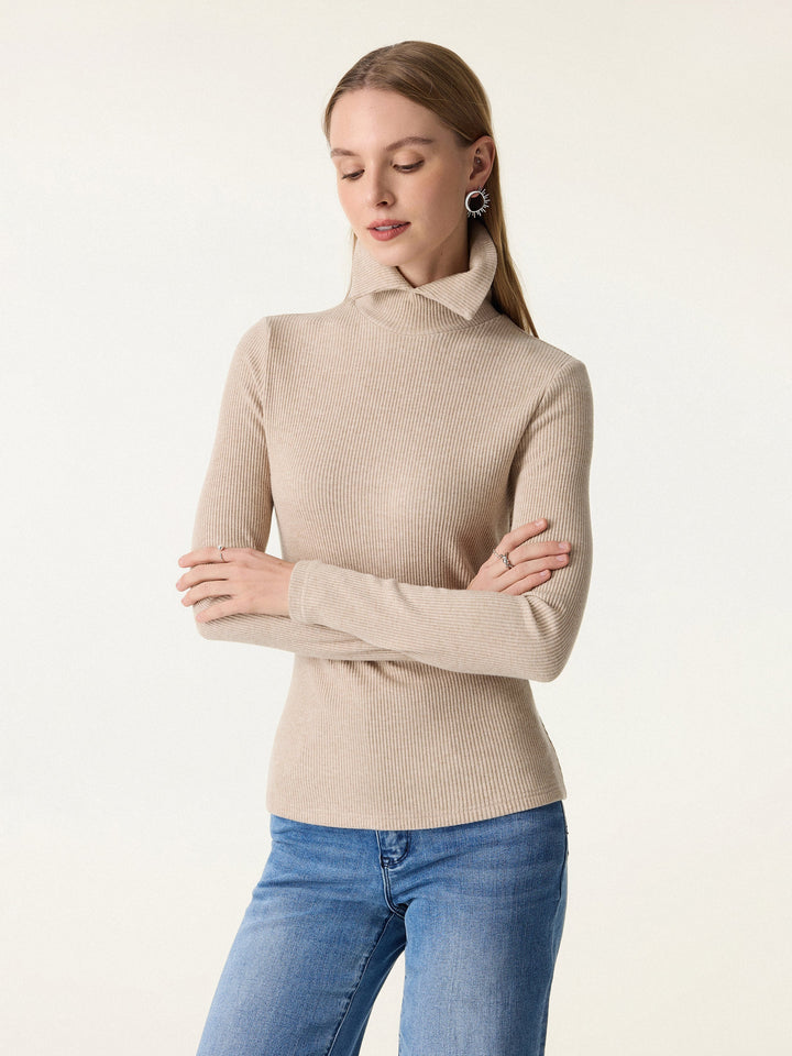 Ribbed Stand Collar Long Sleeve Top