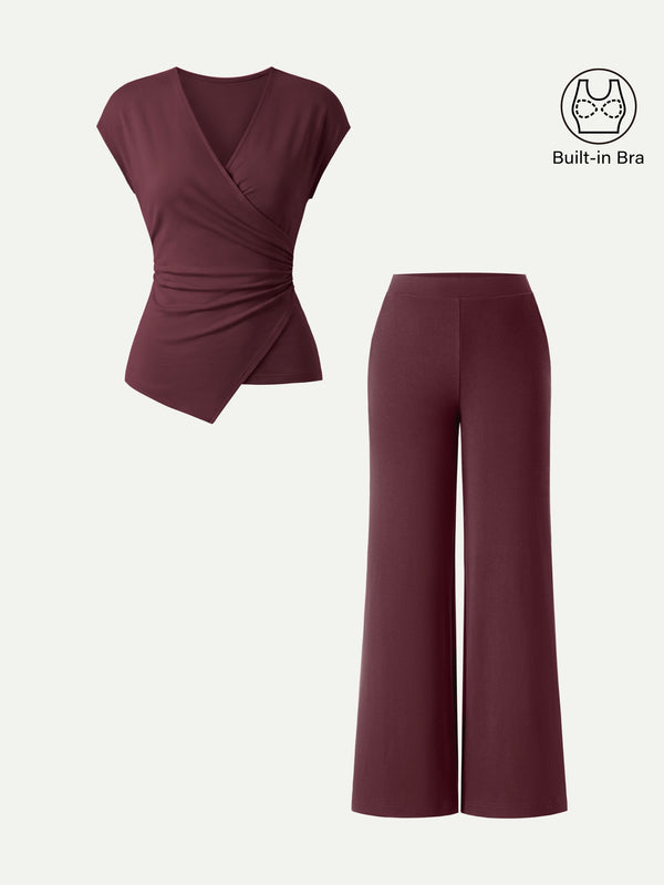 OGLmove 2Pcs Set Lyocell Wool Surplice Cap Sleeve Top & Mid Rise Wide Leg Pants with Pockets