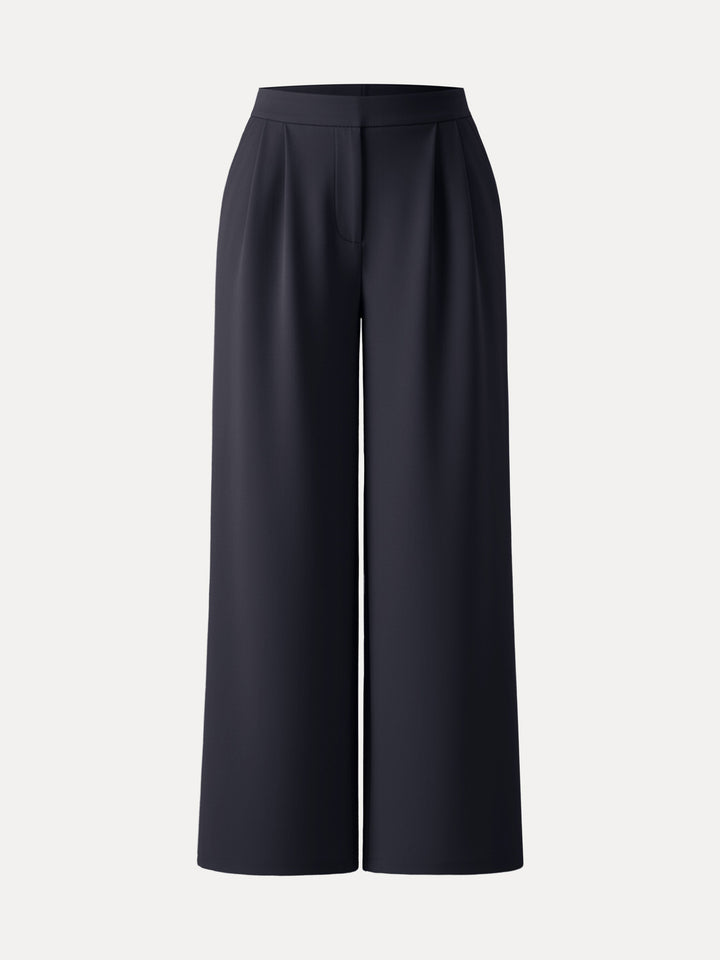 Cozy High Rise Wide Leg Tucked Pull-on Pants with Pockets Petite Black Navy