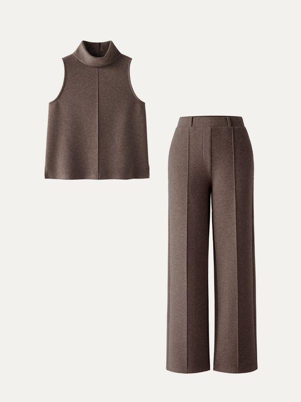 OGLmove 2Pcs Set Tall Turtle Neck Split Hem Top & High Waisted Warm Straight Leg Pull On Pant