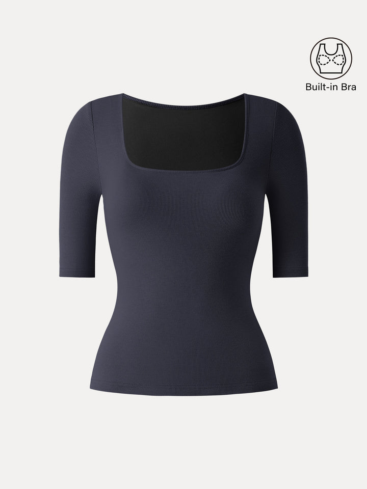 Essential Stretch Cotton Square Neck Elbow Length Sleeve Brami