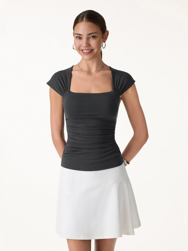 OGLmove Cool-Touch Square Neck Cap Sleeve Ruched Bra Top Blue Charcoal XS