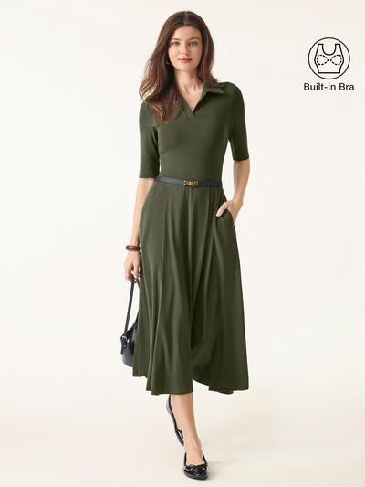 OGLmove Polo Neck Elbow Length Sleeve Midi Brami Dress with Pockets Deep Olive XXS