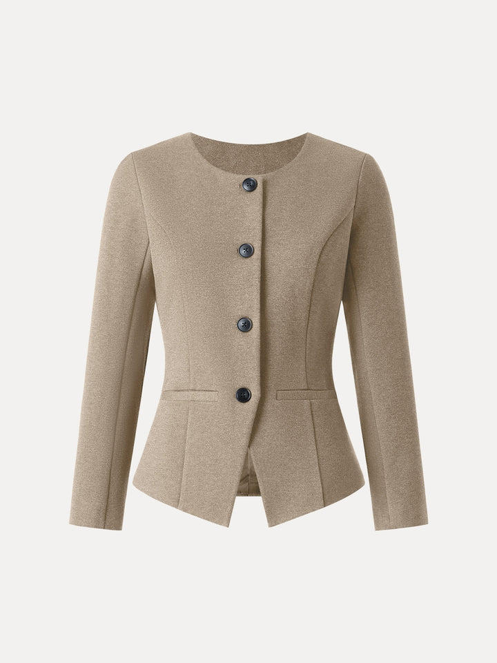 Stretch Ponte Button Front Blazer with Pockets Khaki XS