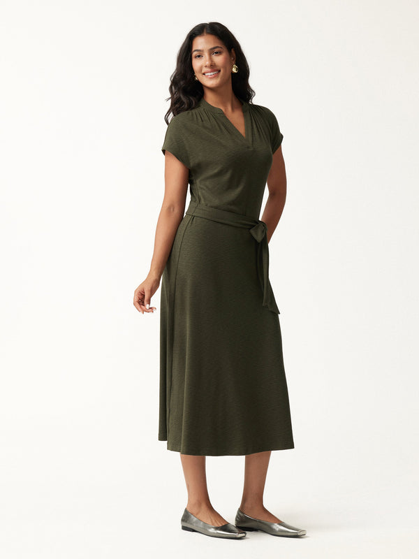 OGLmove V-Neck Short Sleeve Belted Midi Dress Dark Olive Green XXS