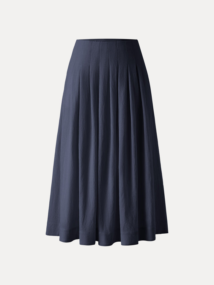 Wrinkle-free Cotton-linen Mid Rise Pleated Midi Skirt Smoky Navy XS