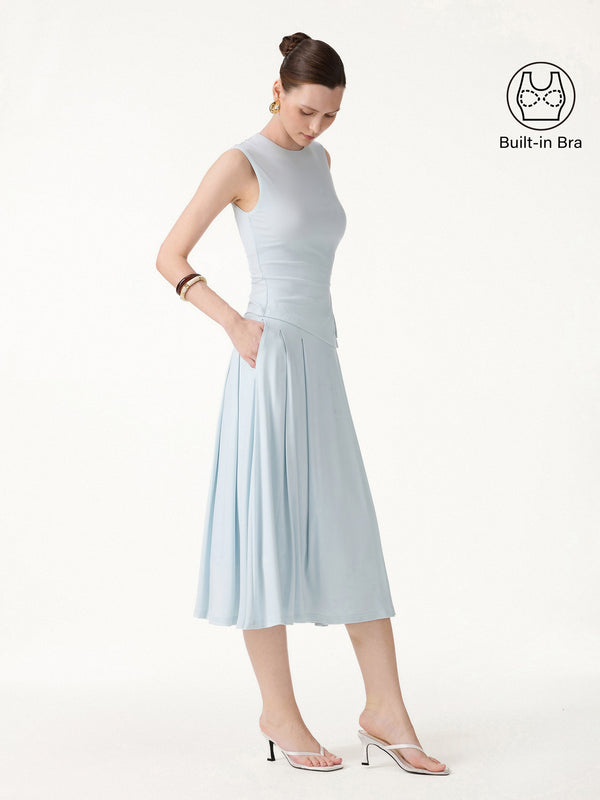 OGLmove 2Pcs Set Round Neck Twisted Bra Tank with Slit& Midi Skirt with Pockets Icy Whisper Blue XS