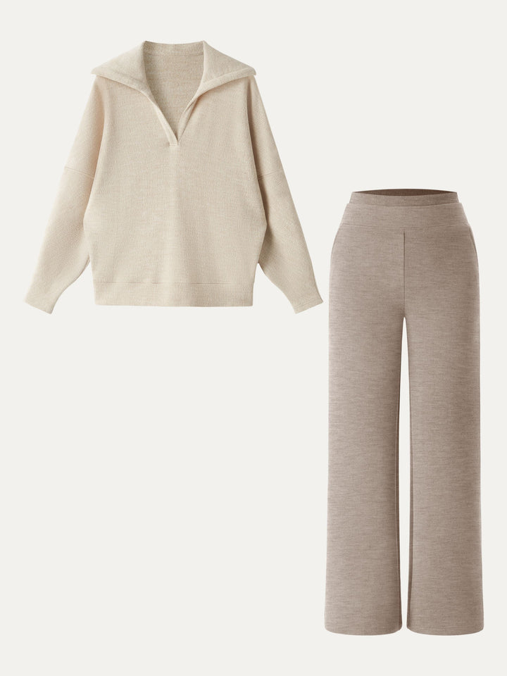 2Pcs Set Regular Double Waistband Straight Pants & V-Neck Batwing Sleeve Pullover Heather Tan/Heather Taupe XS