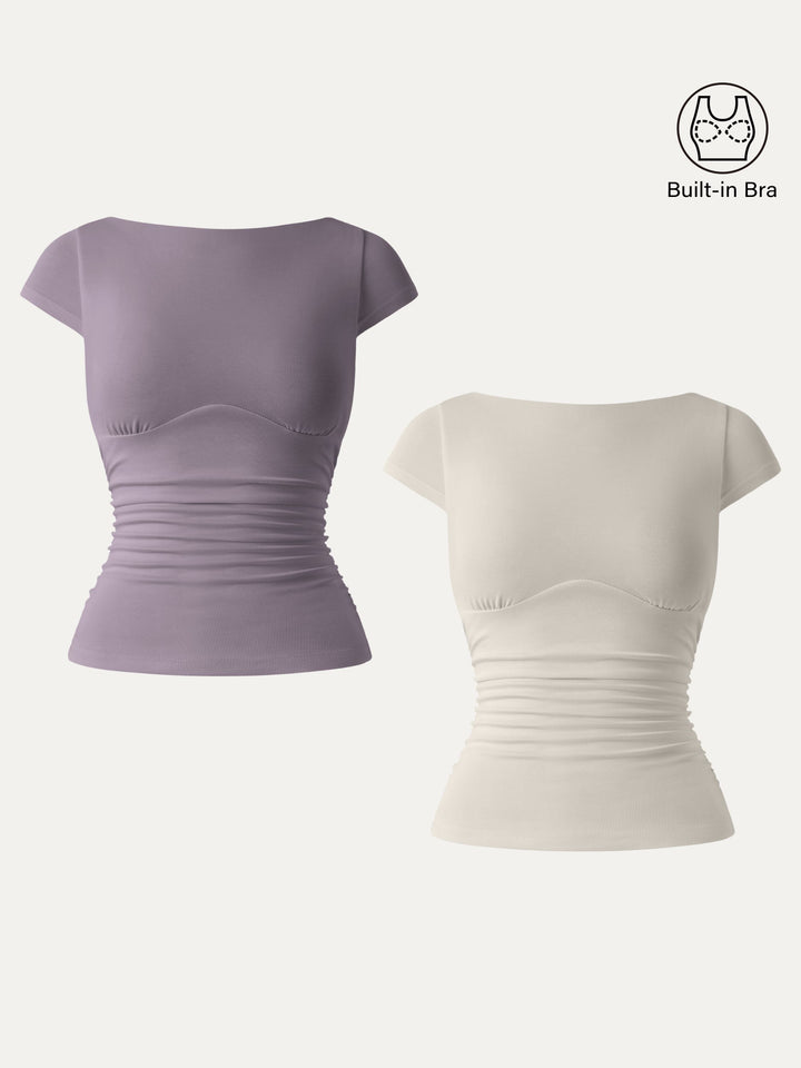 2Pcs Set Sandwashed Boatneck Cap Sleeve Ruched Brami Taro Tea/Morning Mist XS