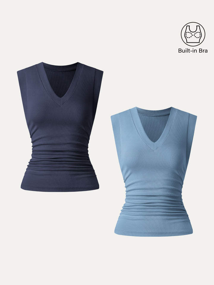 2Pcs Set Brami Stretch Cotton V-neck Side Ruched Muscle Top Dusk Blue/Navy XS