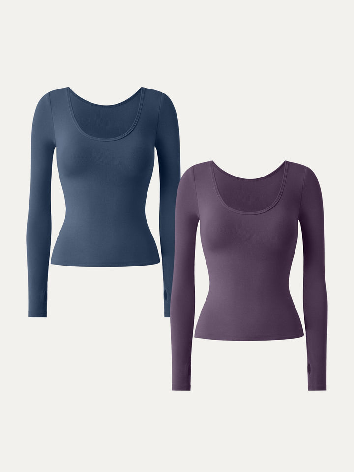 2Pcs Set Lyocell Cashmere Multi-Wear Long Sleeve Top with Thumbholes Plum Wine/Ink Blue XS