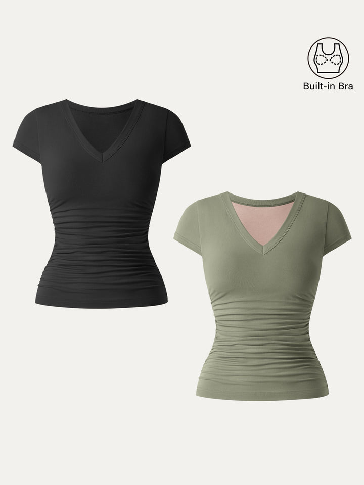 2Pcs Set Elevated V-neck Side Ruched Cap Sleeve Brami Tee Black/Tate Olive XS