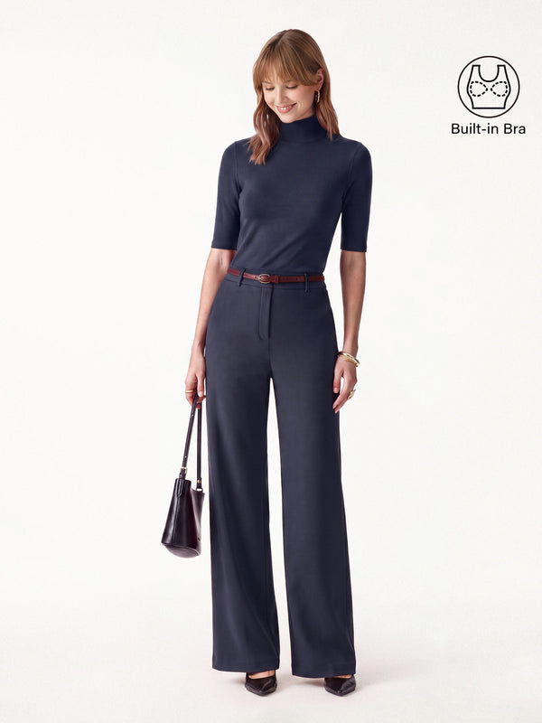 OGLmove 2Pcs Set LiteWarm Elbow Length Sleeve Built-In Bra Top & High-Rise Wide Leg Pants Midnight Navy/Universe Navy XXS
