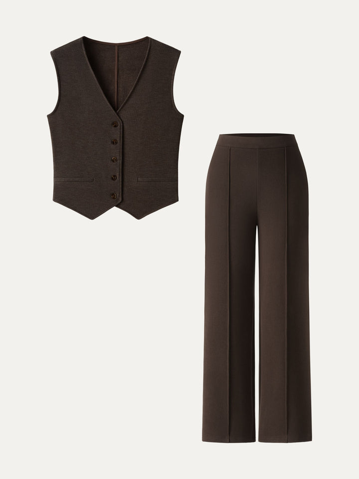 2Pcs Set Brushed Warm V-neck Vest & Regular High Rise Pintuck Straight Pull-on Pants