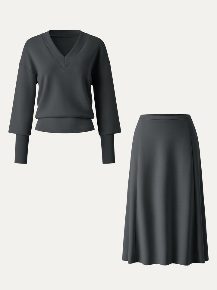 2Pcs Set V-neck Top with Sleeve Warmers & Mid Rise Flared Midi Skirt with Pockets Blue Charcoal XS