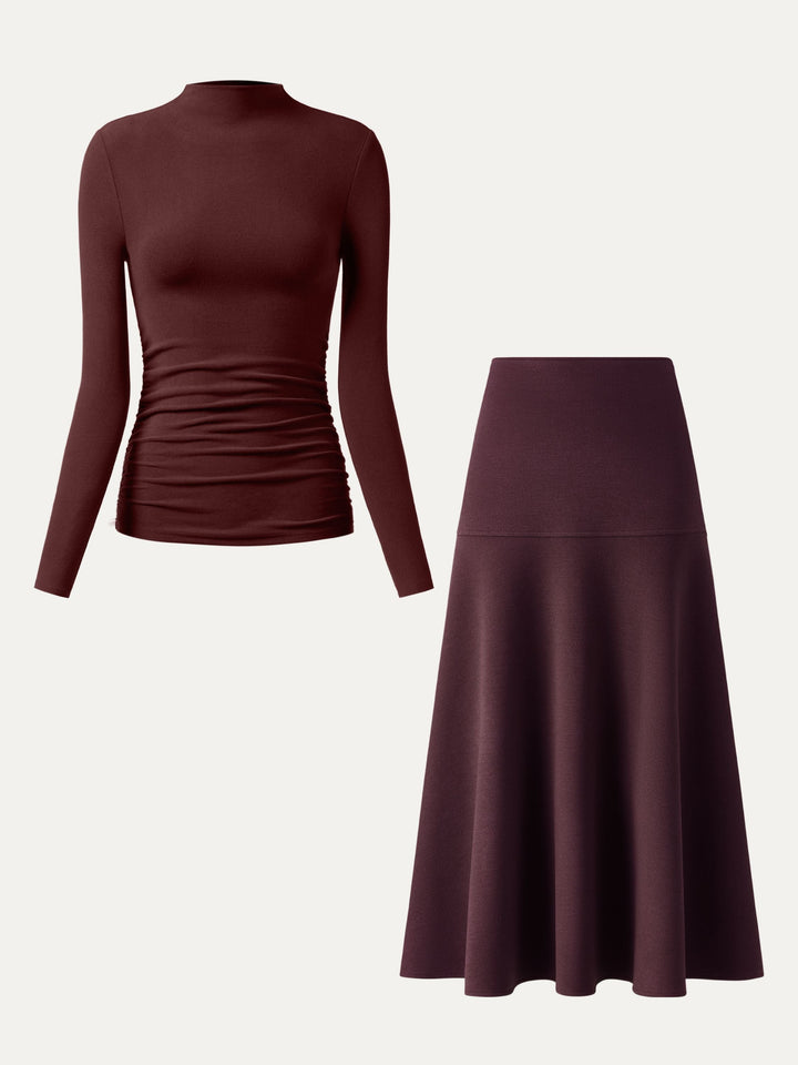2Pcs Set Ruched Sides Tuckable Mockneck Top & Flared Maxi Skirt