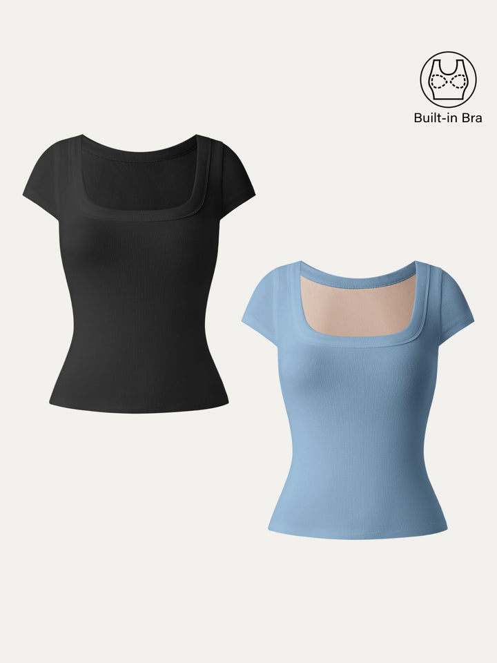 2Pcs Set Stretch Cotton Square Neck Cap Sleeve Brami Black/Dusk Blue XS