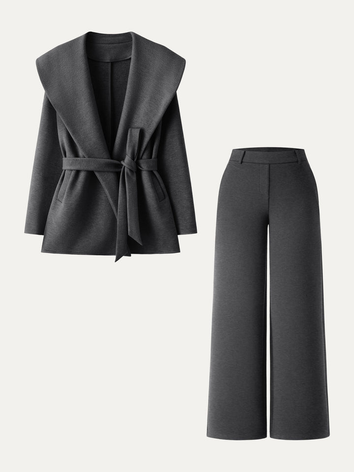2Pcs Set Belted Shawl Collar Robe Jacket & Mid Rise Straight Pants with Pockets Heather Black XS