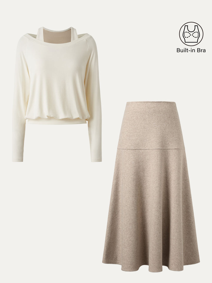 2Pcs Set Heat-Tech Multi-Wear Layering Brami Top & Wool-like Flared Maxi Skirt