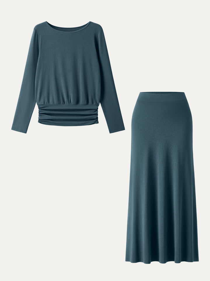 2Pcs Set Light Warm Round Neck Side Ruched Top & Pull-on Circle Flared Maxi Skirt Forest Night XS