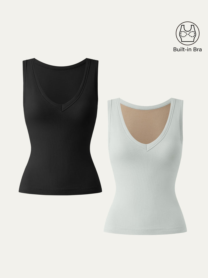 2Pcs Set Stretchy V-neck Cotton New Airy Brami Tank Black/Pale Azure XS