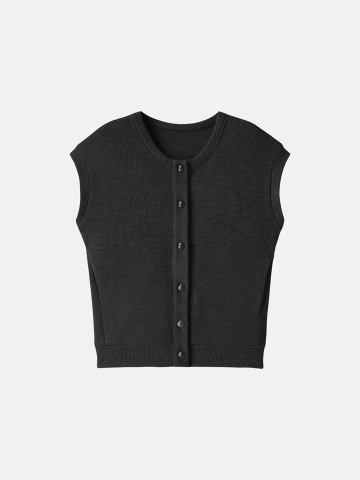 Cozy Crewneck Button Front Vest with Banded Hem Black XS