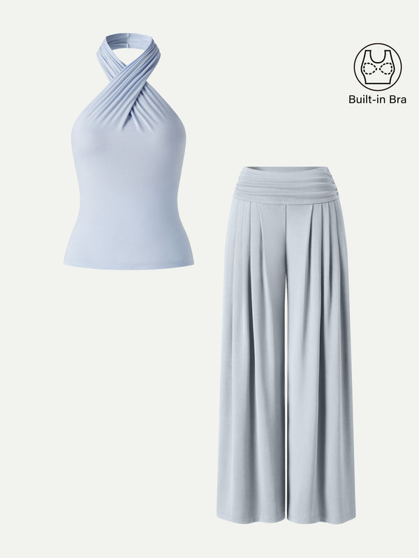 OGLmove 2Pcs Set Criss Cross Bra Top & Tucked Palazzo Pants with Pockets