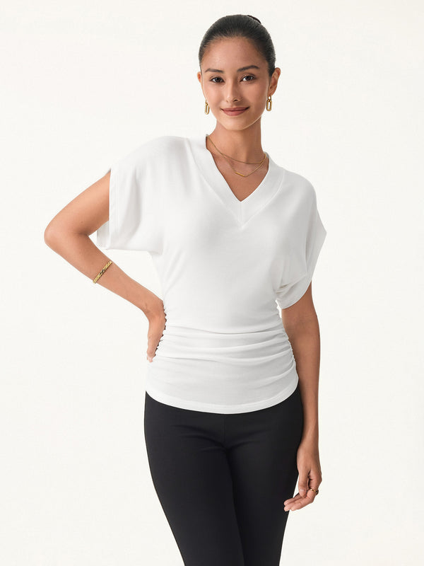 Lyocell Cashmere Blend V-neck Short Sleeve Side Ruched Tee White XS