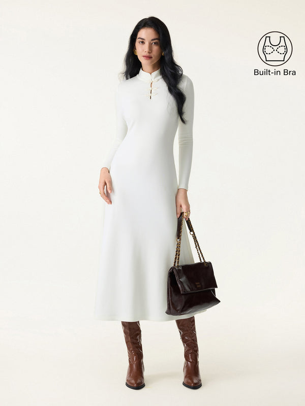 Mandarin Collar Frog Button Midi Brami Dress Off White XS