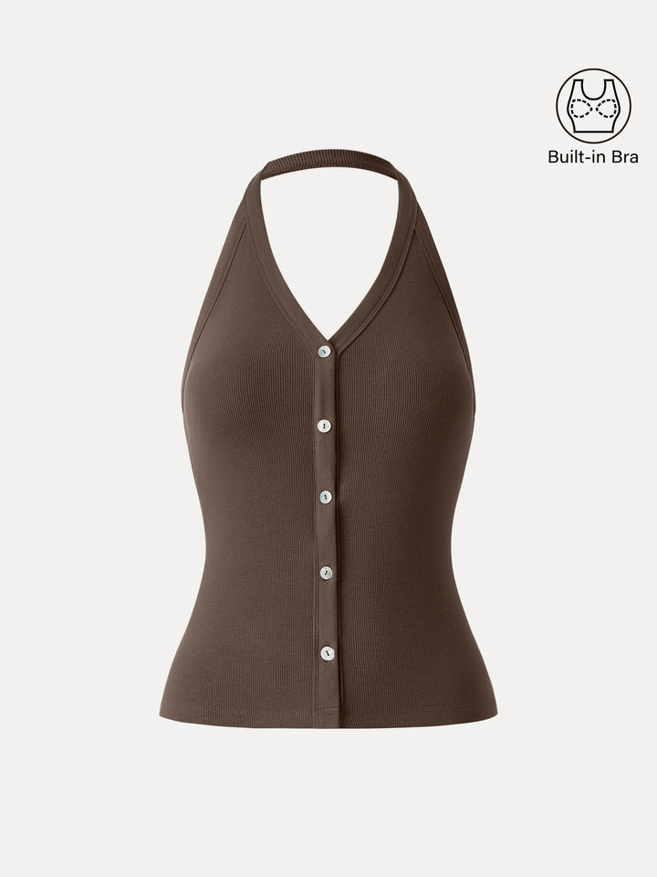 Stretch Cotton Halter Neck Faux Button Placket Brami