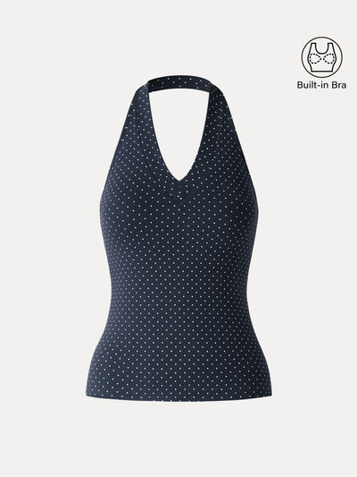 OGLmove Stretch Cotton Polka Dot Halter Neck Open Back Bra Top Navy/White Polka Dot XS