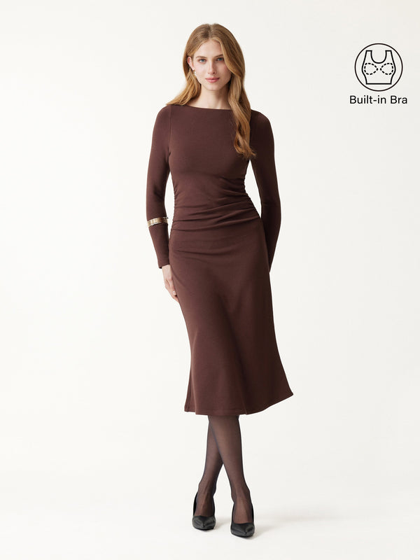 OGLmove ProWarm Boatneck Ruched Mermaid Built-In Bra Midi Dress Deep Maroon Brown XXS