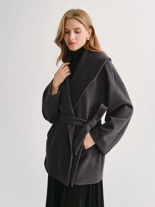 OGLmove FuzzLuxe Draped Shawl Collar Long Sleeve Belted Jacket Heather Shadow Grey XXS