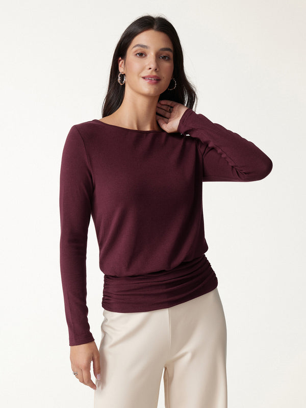 OGLmove Boatneck Long Sleeve Ruched Banded Hem Top Ruby Berry XXS
