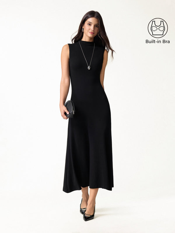 OGLmove Eco-Mousse® Mock Neck Sleeveless A-Line Midi Bra Dress Black XXS