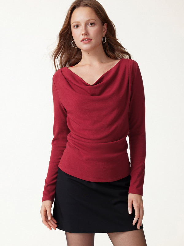 OGLmove Cowl Neck Long Sleeve Draped Top Brick XXS