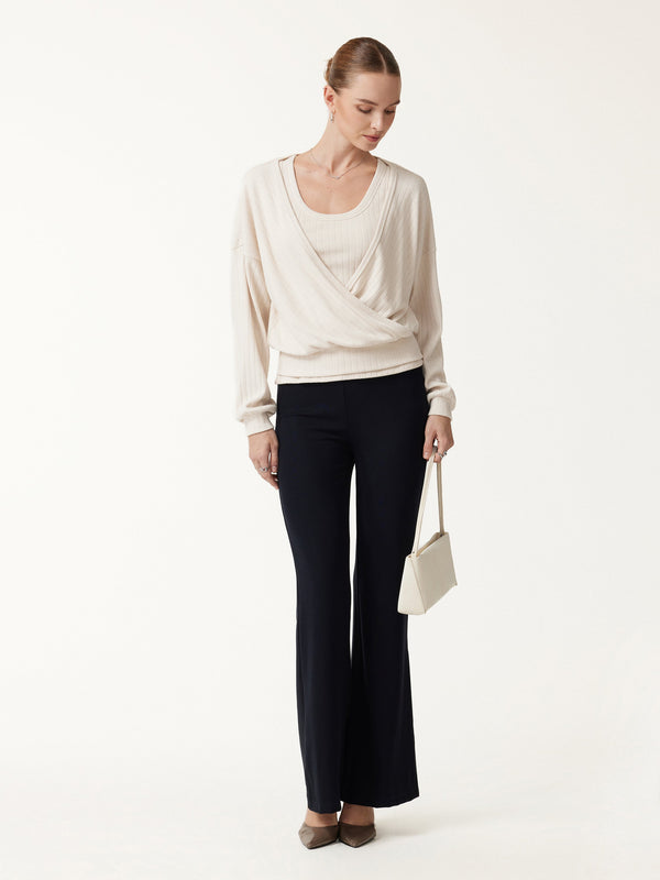 OGLmove Wide Ribbed Crossover Long Sleeve Banded Hem Top