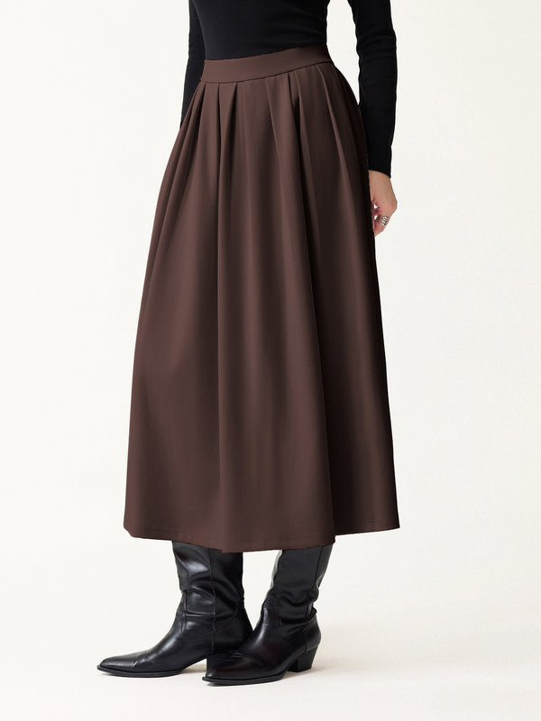 OGLmove Viscose Ponte High-Rise Tucked Umbrella Midi Skirt with Pockets Hickory Brown XXS