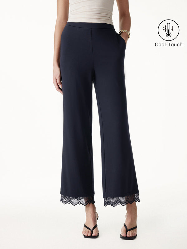 OGLmove Lace Trim Draped Mid Rise Wide Leg Pants with Pockets Regular Midnight Navy