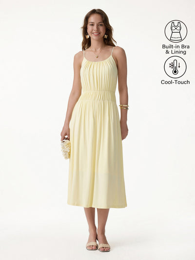 OGLmove Vacay Gathered U-Neck Spaghetti Midi Bra Dress with Pockets Pale Yellow XS
