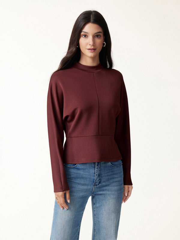 OGLmove Modal Spacer Knit Mock Neck Batwing Sleeve Banded Hem Top Ruby Red XXS