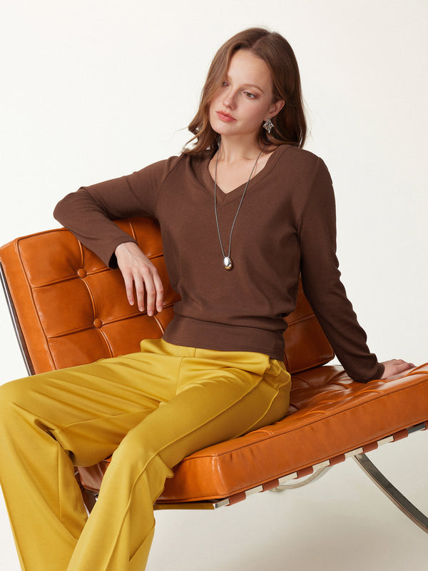 OGLmove V-Neck Long Sleeve Banded Hem Top Sweet Hazelnut XXS