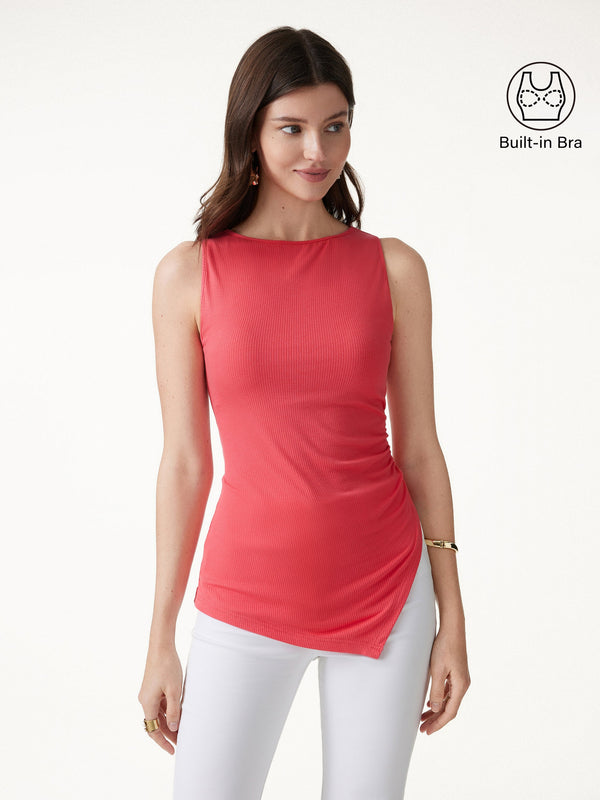OGLmove Boatneck Ruched Asymmetrical Bra Top Teaberry Red XS