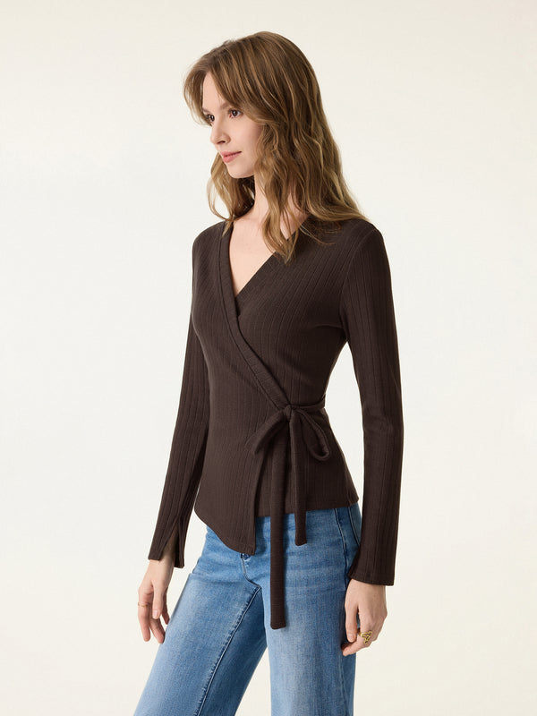 MaxWarm Wide Ribbed Crossover Long Sleeve Tie-Waist Top
