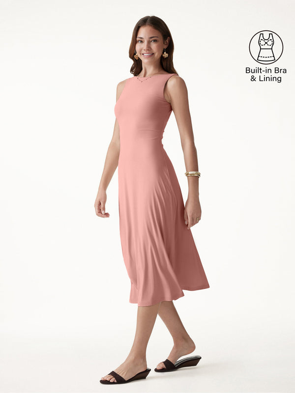 OGLmove SkinKiss Boatneck Open-Back Flowy Midi Bra Dress Sahara XS