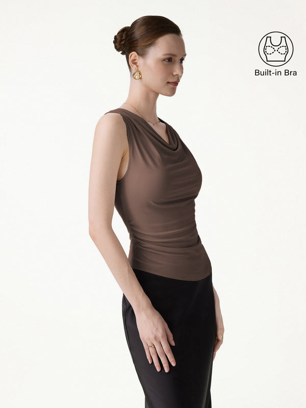 OGLmove Cowl Neck Asymmetrical Sleeveless Bra Top Chocolate Brown XS