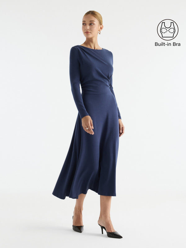 OGLmove LiteWarm Boatneck Asymmetrical Ruched Built-In Bra 3.0 Midi Dress