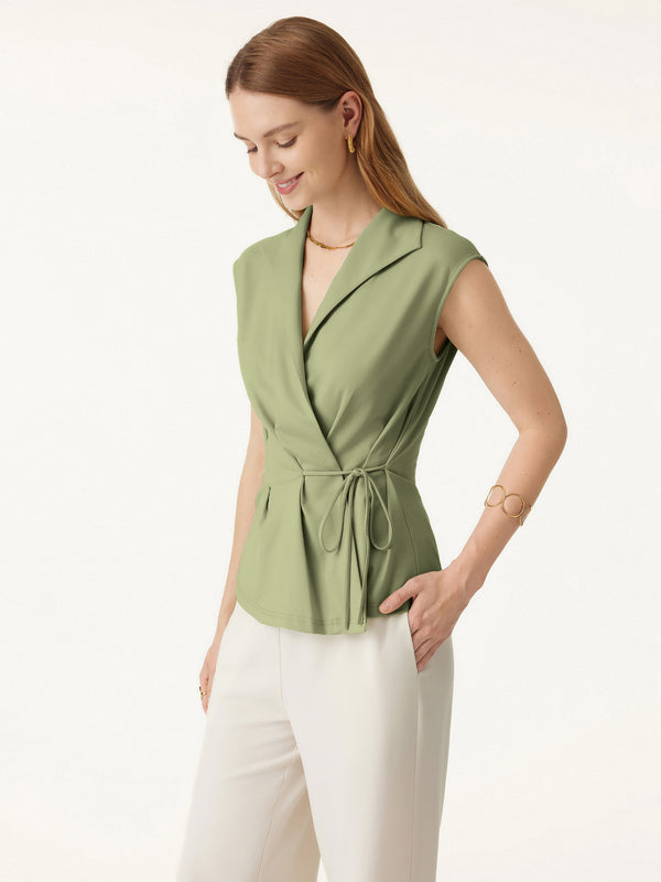 Icy Ponte Flap Collar Surplice Sleeveless Top with Drawstring Tie Tate Olive XS