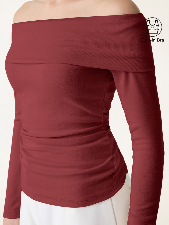 Off-Shoulder Long Sleeve Side Ruched Brami Top